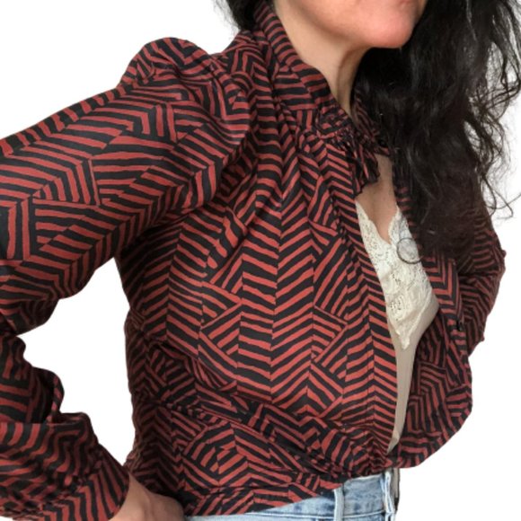 Vtg Geometric Puff Sleeve Ruffle Tab Patterned Top - Picture 5 of 15